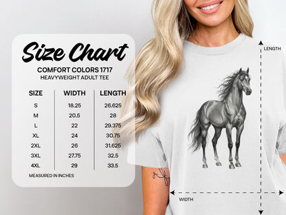 Comfort Colors 1717 heavyweight adult tee size chart with horse graphic.