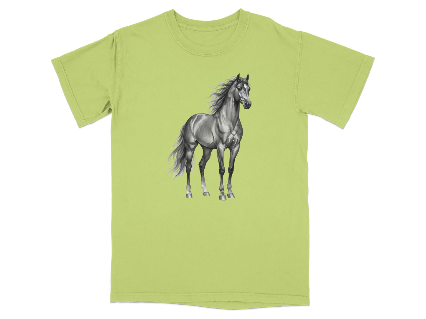 T-shirt with a realistic illustration of a grayscale horse.