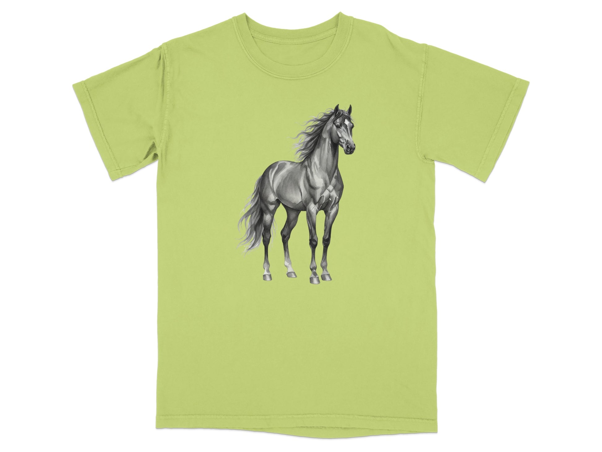 T-shirt with a realistic illustration of a grayscale horse.