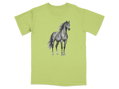T-shirt with a realistic illustration of a grayscale horse.