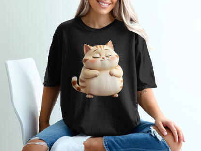 Black t-shirt featuring a cute, chubby cartoon cat with eyes closed.