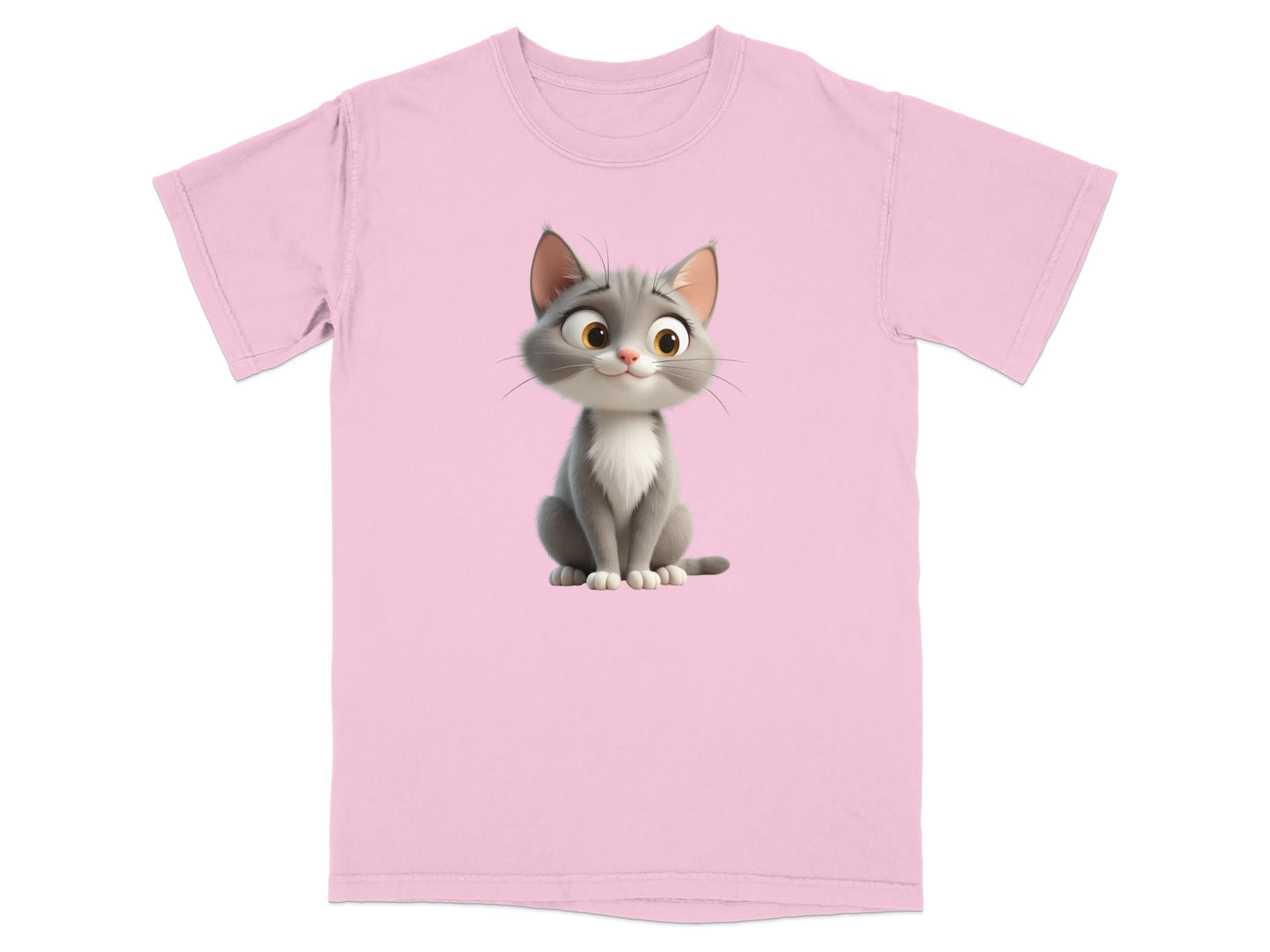 Pink t-shirt with a cartoon kitten graphic.