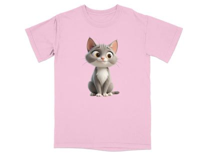 Pink t-shirt with a cartoon kitten graphic.