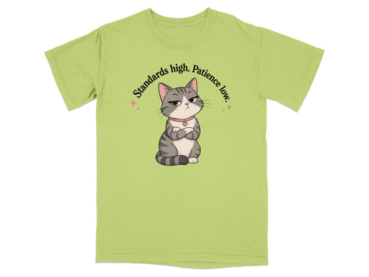 Lime green t-shirt with grumpy cat graphic and text "Standards high. Patience low."