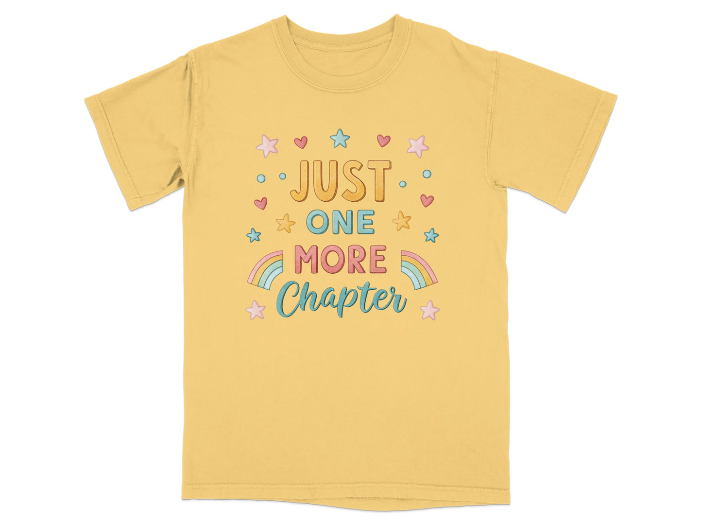 Yellow t-shirt with "JUST ONE MORE CHAPTER" text and colorful stars.