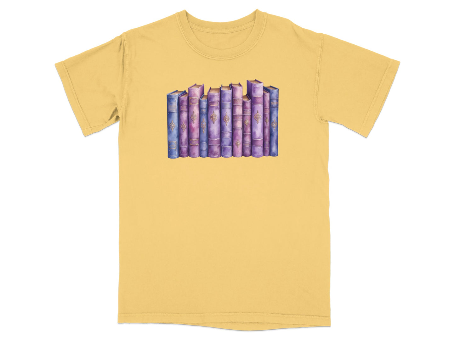 Watercolor illustration of a row of purple and blue books on a yellow t-shirt.