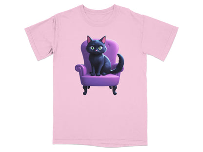 Black cat with green eyes sitting on a purple armchair, on a pink t-shirt.