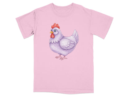 Light pink t-shirt with a cartoon chicken illustration.