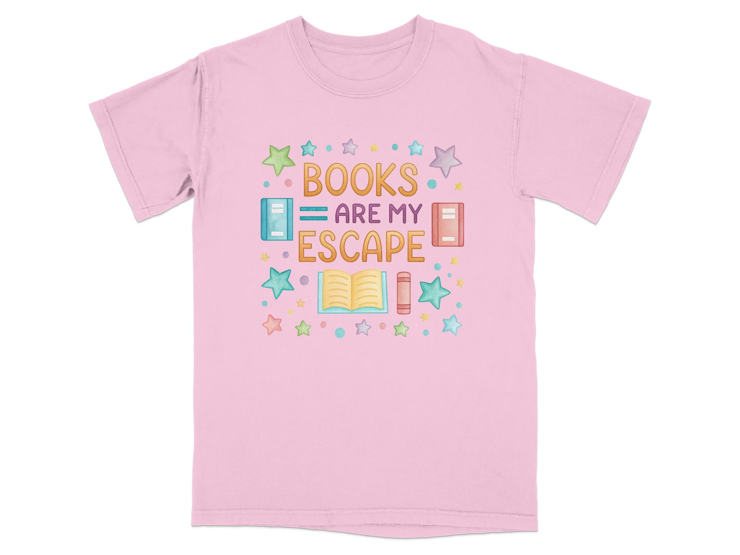 Pink t-shirt with "BOOKS ARE MY ESCAPE" text and book and star graphics.