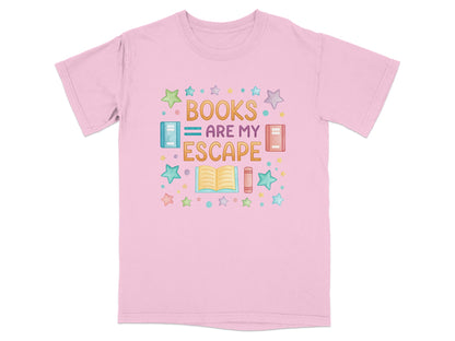 Pink t-shirt with "BOOKS ARE MY ESCAPE" text and book and star graphics.