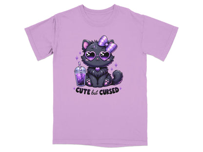 Lilac t-shirt with cartoon black cat wearing heart sunglasses and holding a drink.
