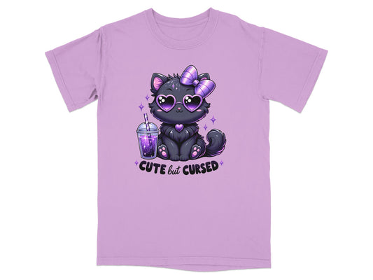Lilac t-shirt with cartoon black cat wearing heart sunglasses and holding a drink.