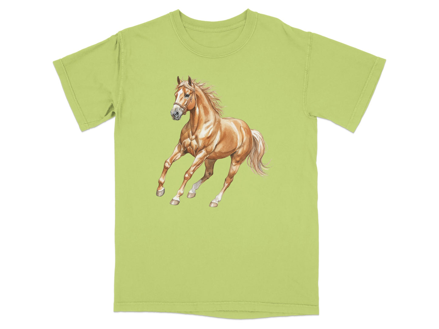 Light green t-shirt featuring a watercolor illustration of a brown horse galloping.