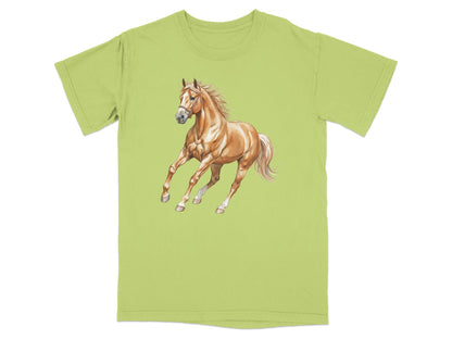 Light green t-shirt featuring a watercolor illustration of a brown horse galloping.