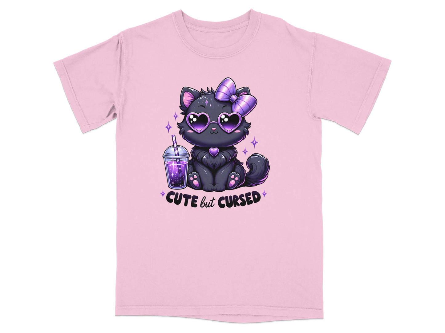 Black kitten with purple heart eyes and bow, holding a drink, "CUTE but CURSED" text.
