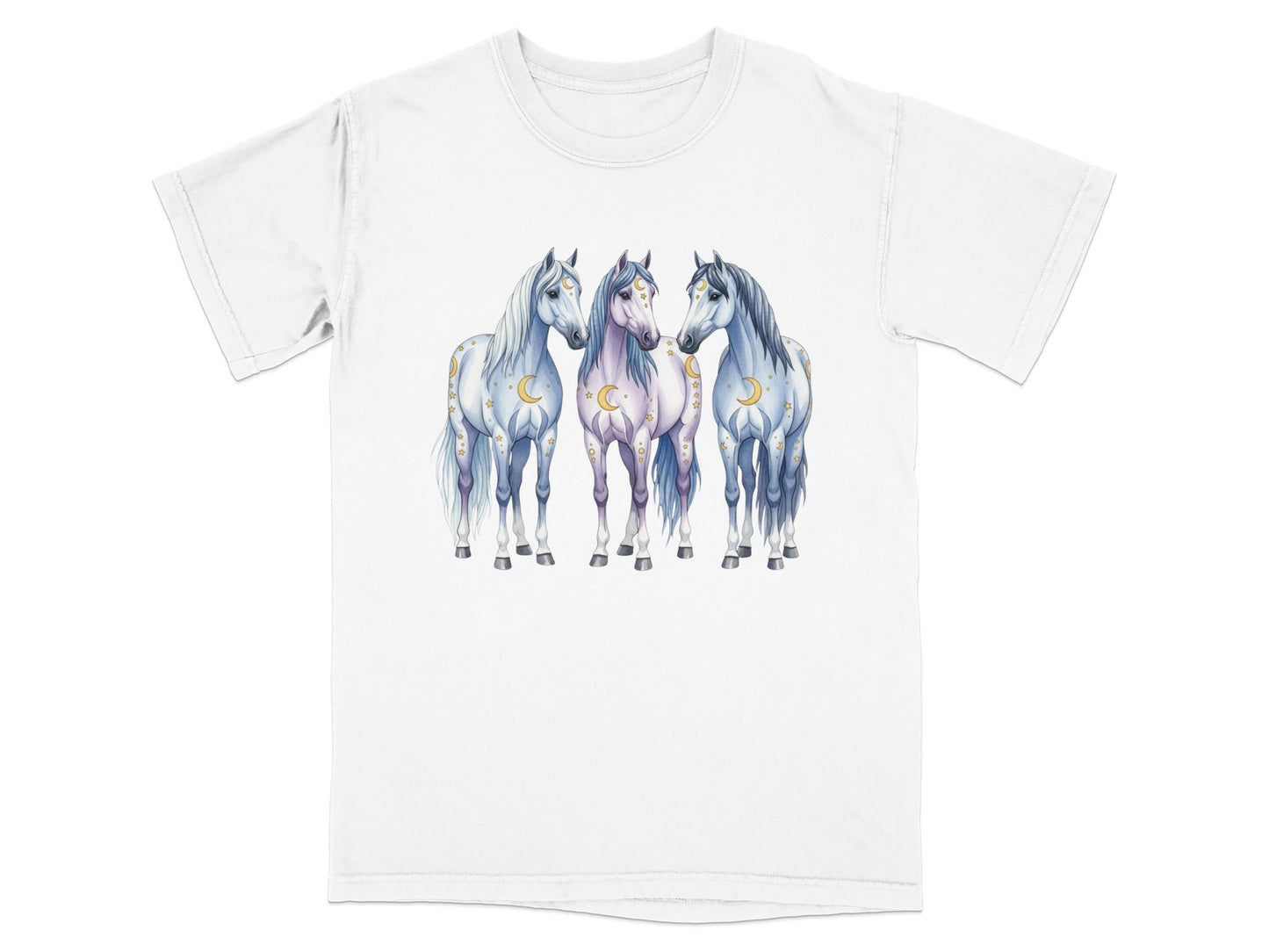 Three stylized white horses with crescent moons and stars on a t-shirt.