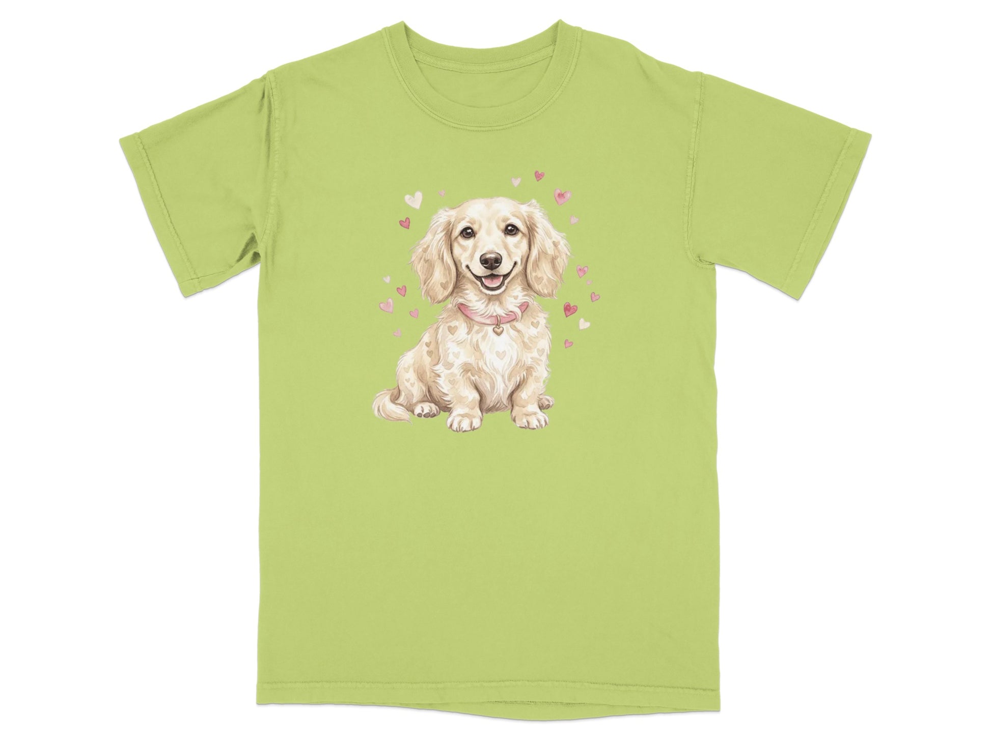 Light green t-shirt with a cartoon dachshund wearing a pink collar surrounded by hearts.