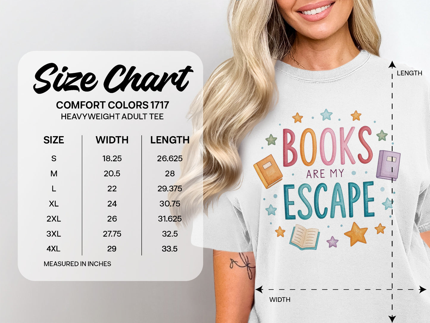 Comfort Colors 1717 heavyweight adult tee size chart with garment dimensions.
