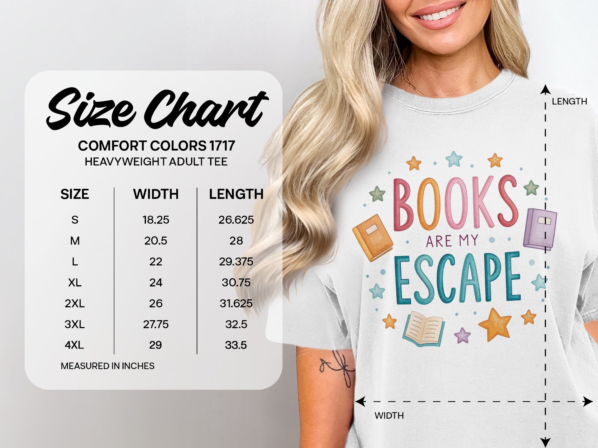 Comfort Colors 1717 heavyweight adult tee size chart with garment dimensions.
