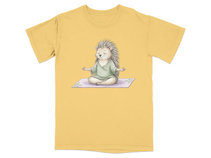 Hedgehog meditating on a mat wearing a green robe.