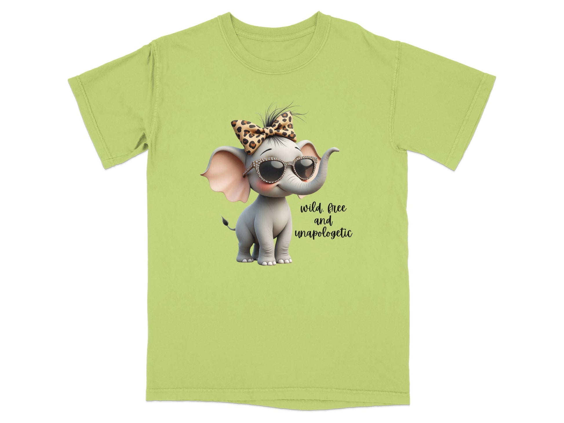 Cute elephant with sunglasses and leopard print bow on a lime green t-shirt.