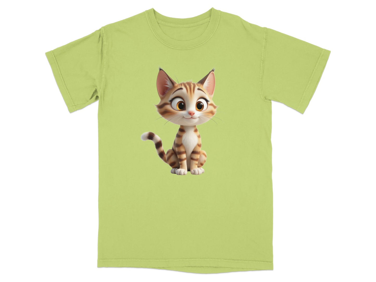 Light green t-shirt with a cartoon cat illustration.