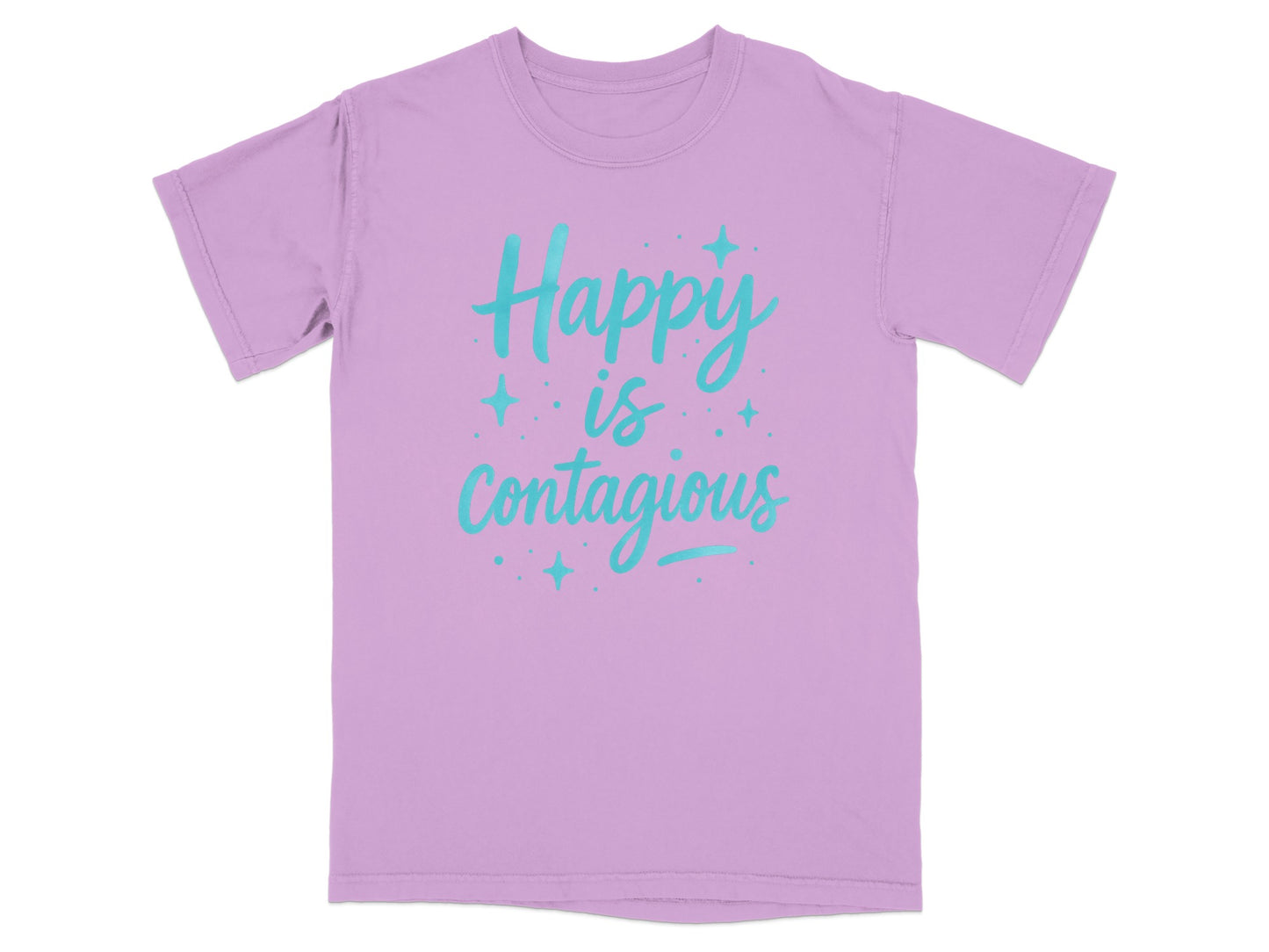 Purple t-shirt with "Happy is contagious" in turquoise script and stars.