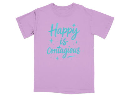 Purple t-shirt with "Happy is contagious" in turquoise script and stars.