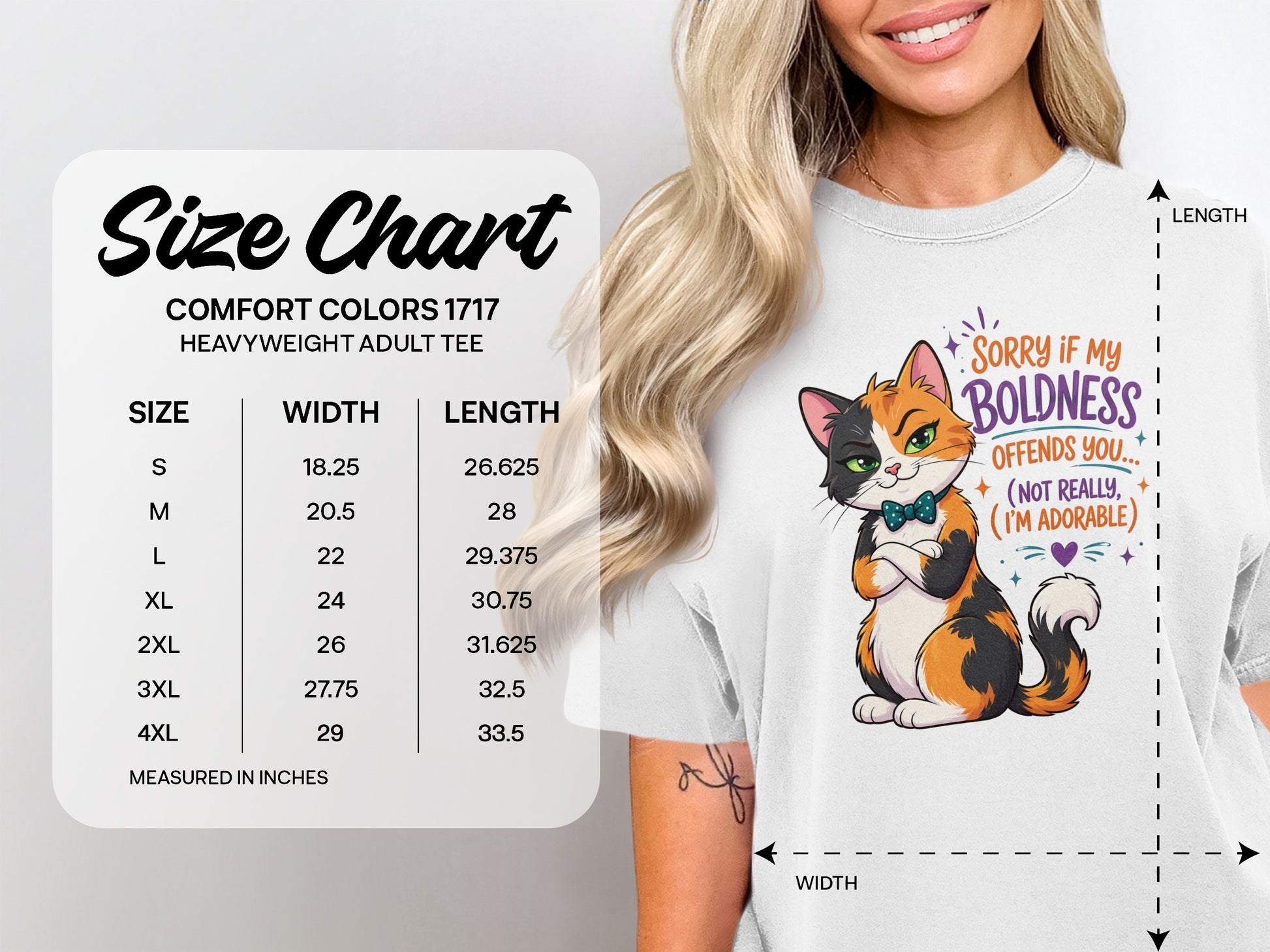 Comfort Colors size chart for adult tees with cat graphic.