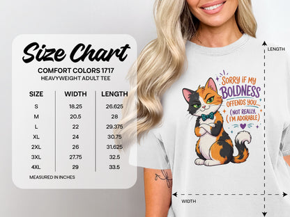 Comfort Colors size chart for adult tees with cat graphic.