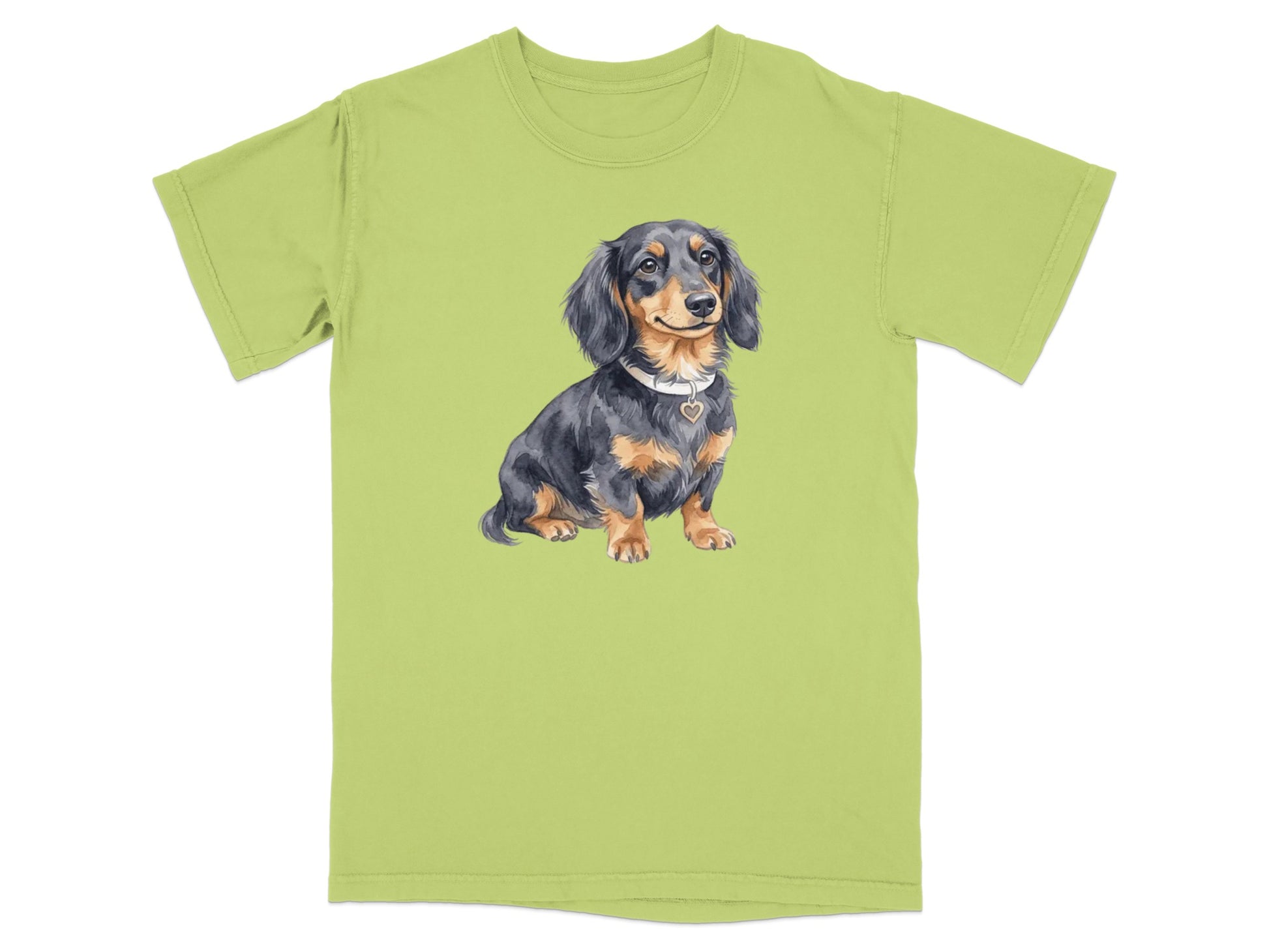 Dachshund dog wearing a heart-shaped pendant on a lime green t-shirt.