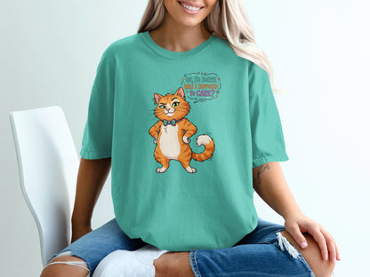 Teal t-shirt with cartoon cat saying "Oh, I'm sorry, who asked?"