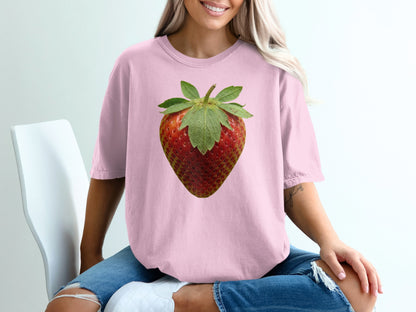 Pink t-shirt with a large strawberry graphic.