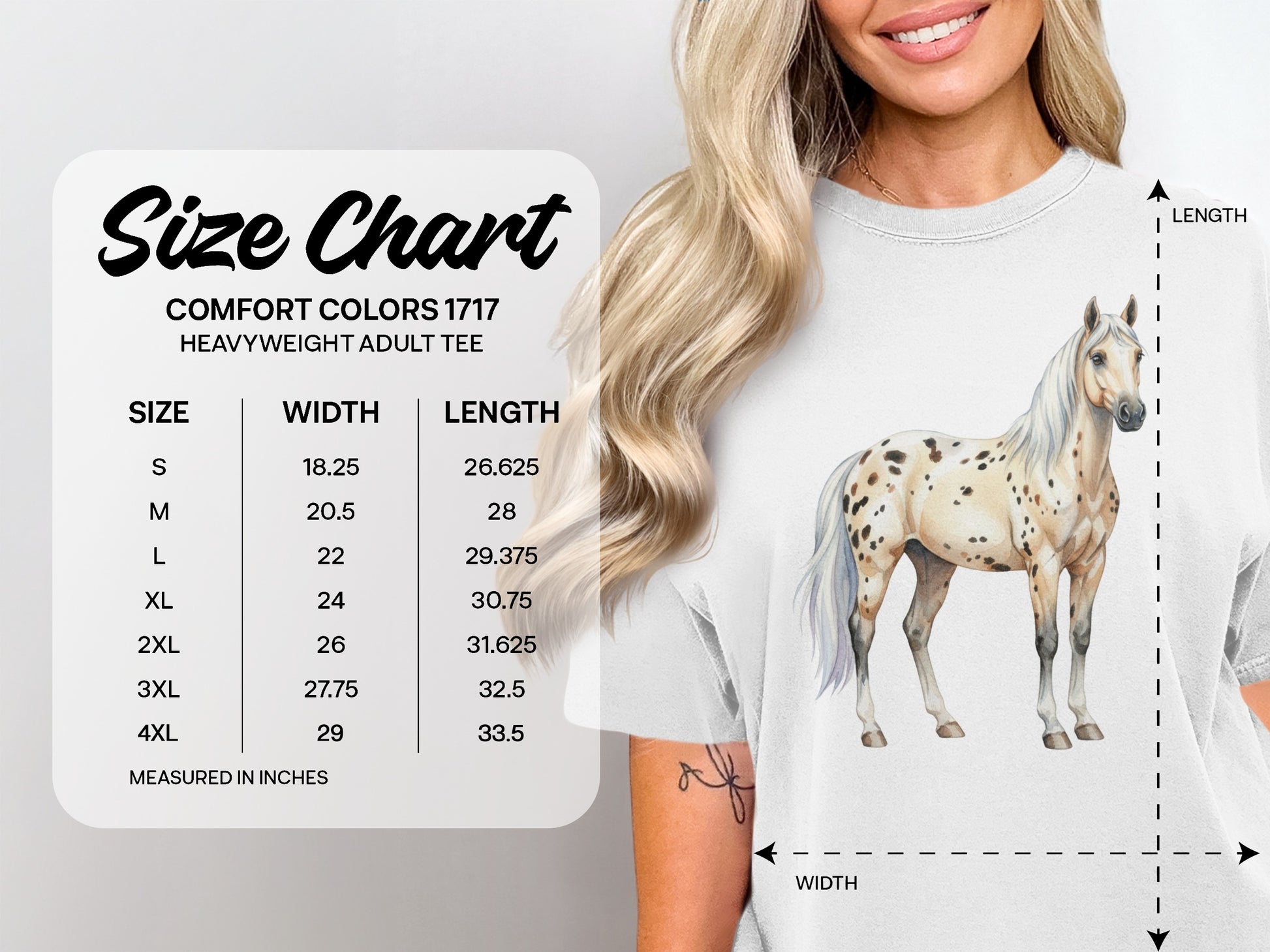 Comfort Colors 1717 heavyweight adult tee size chart with horse graphic.