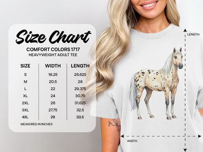 Comfort Colors 1717 heavyweight adult tee size chart with horse graphic.