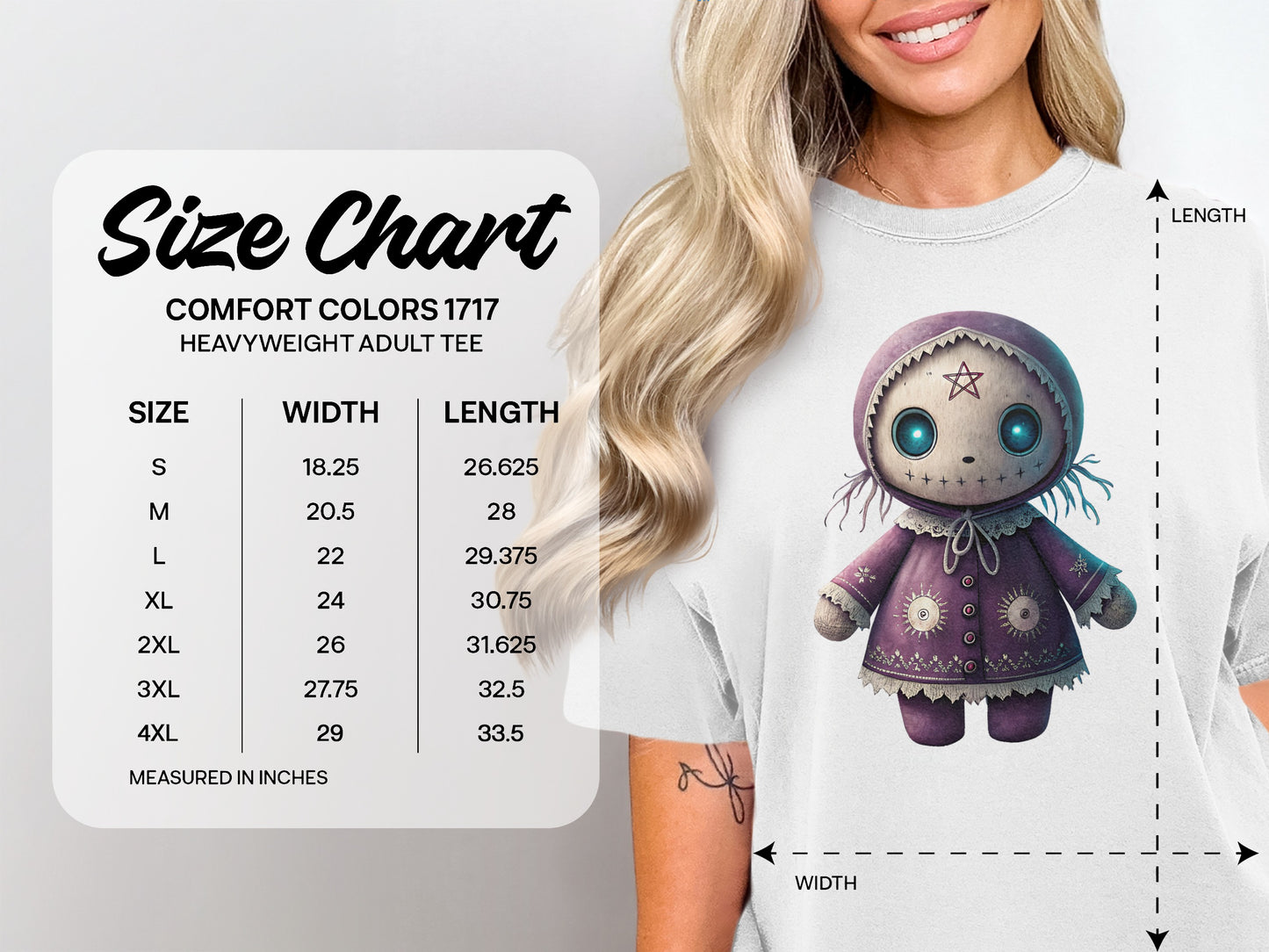 Comfort Colors 1717 heavyweight adult tee size chart with measurements.