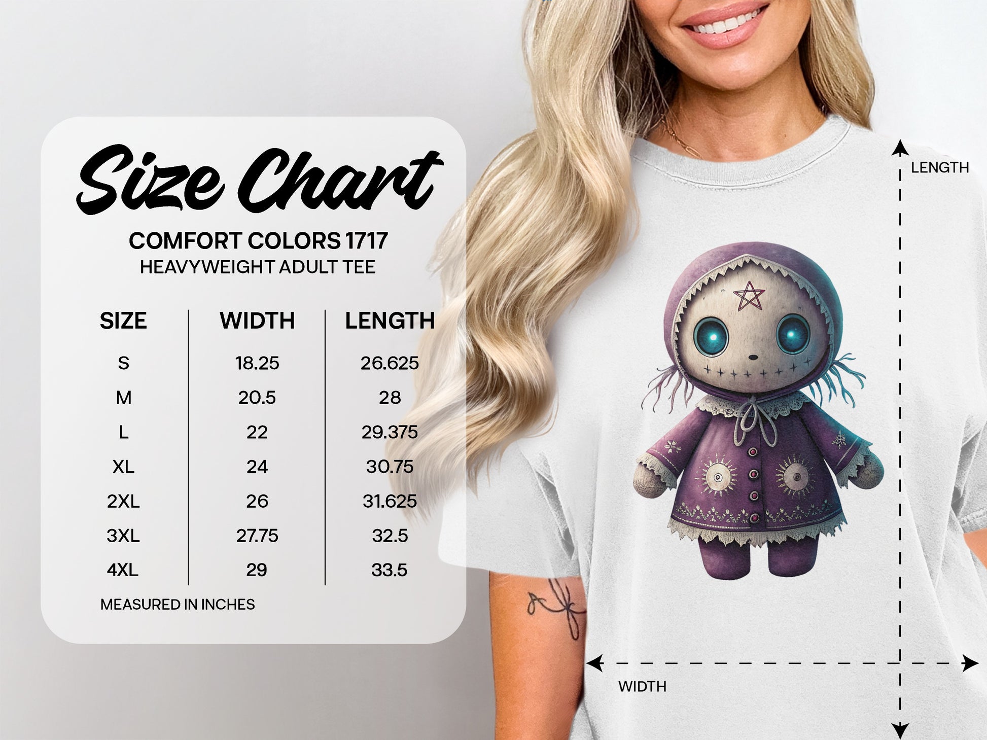 Comfort Colors 1717 heavyweight adult tee size chart with measurements.