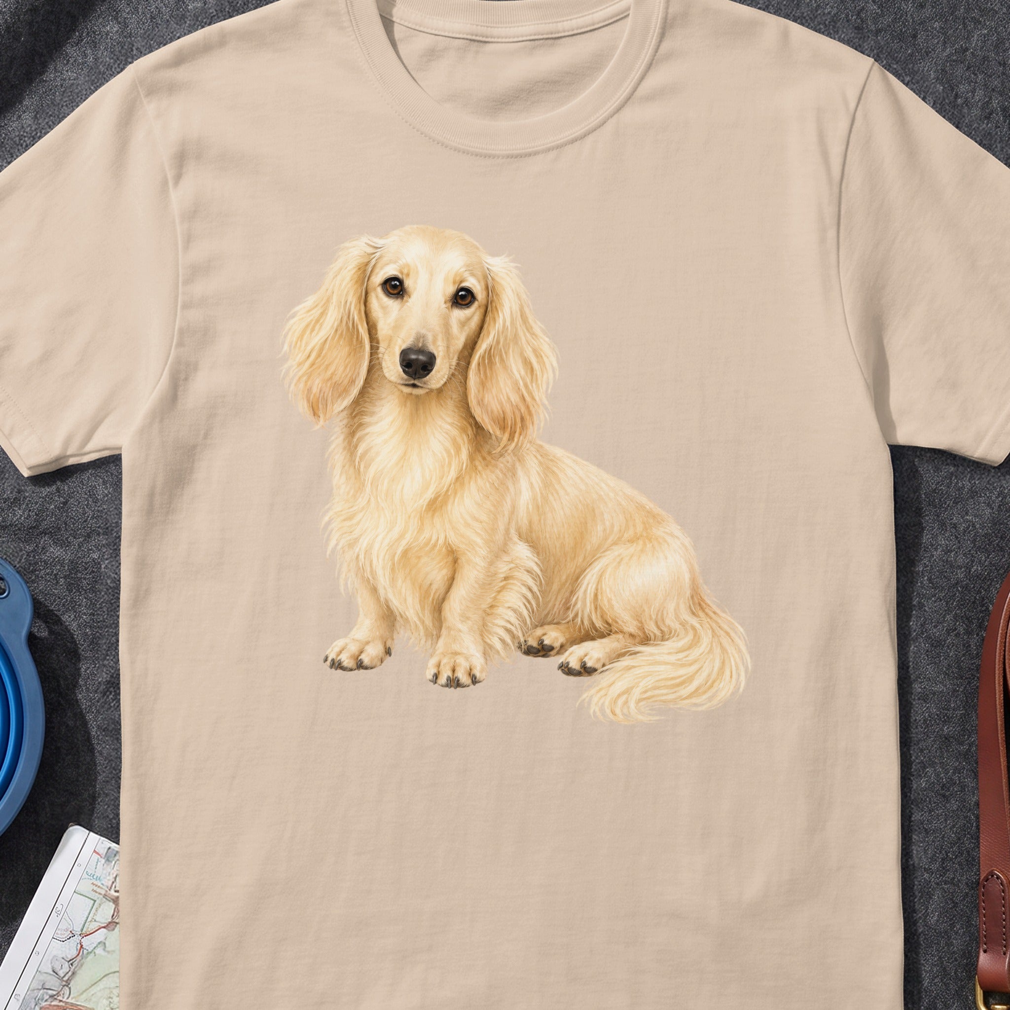 Cream-colored long-haired dachshund illustration on a tan t-shirt.
