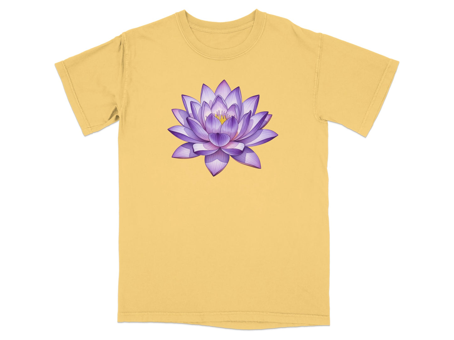 Yellow t-shirt with a purple watercolor lotus flower graphic.