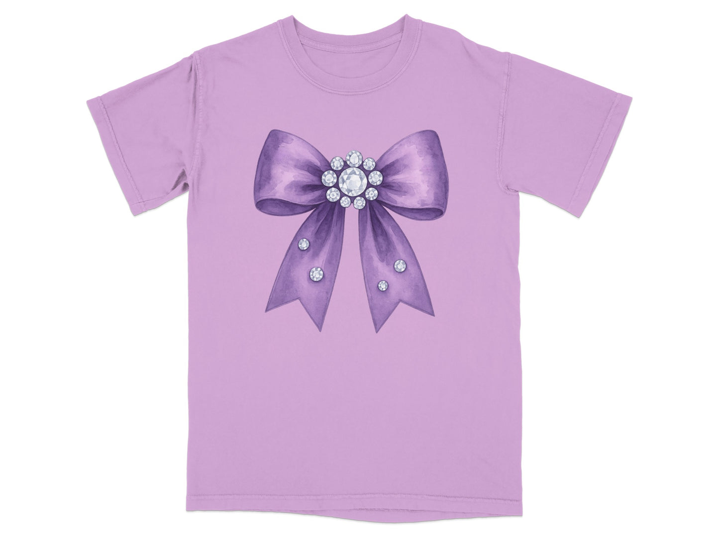 Lavender t-shirt with a watercolor bow adorned with rhinestones.