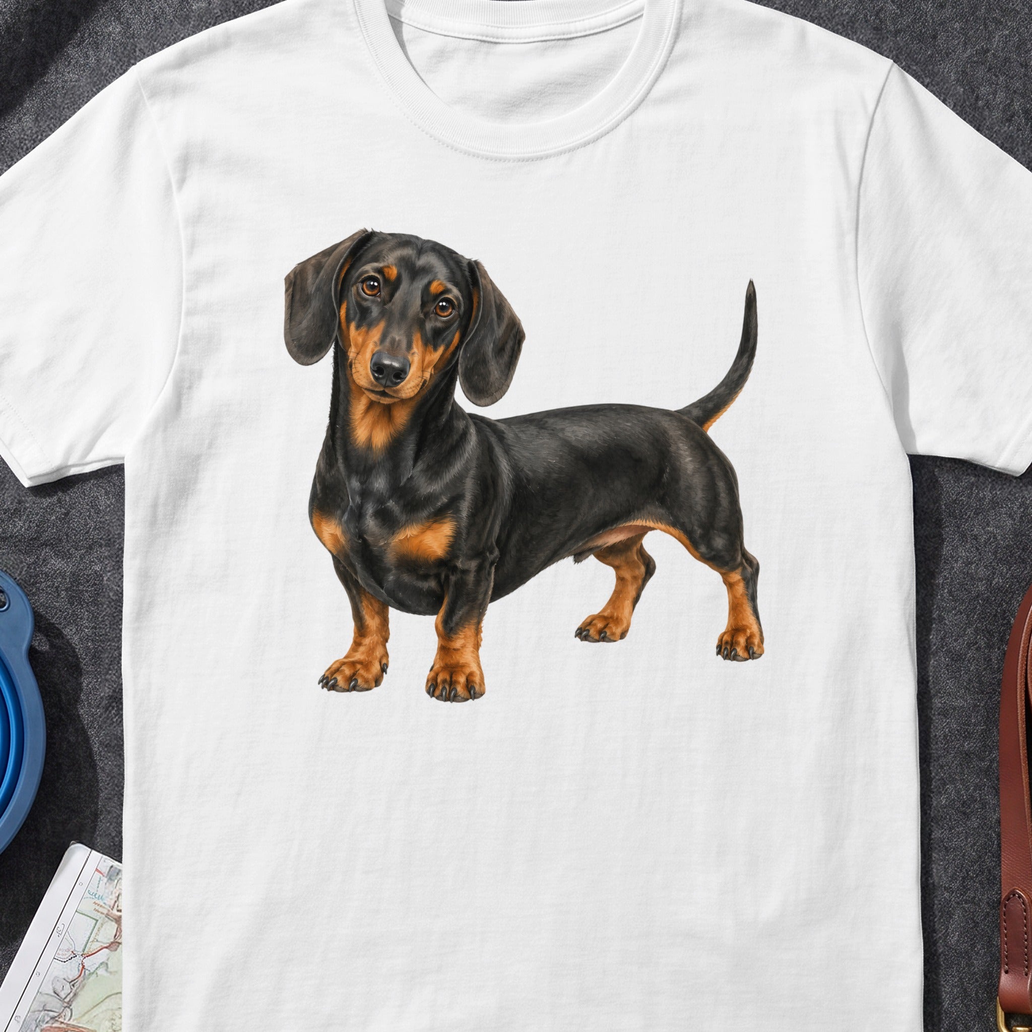 Black and tan dachshund standing on a white t-shirt