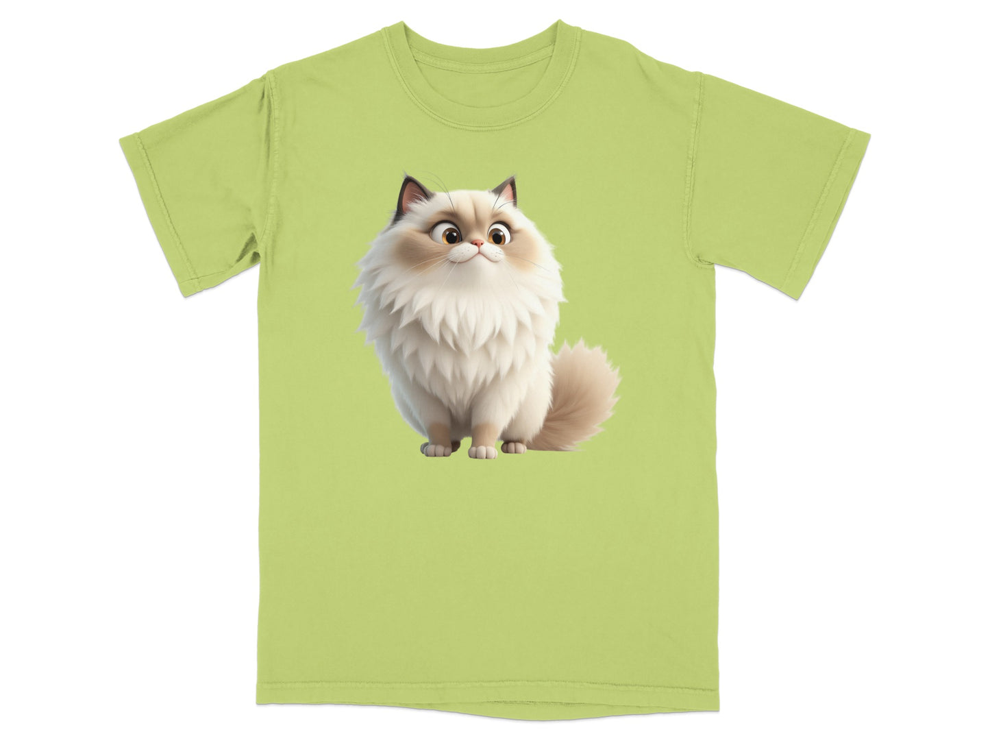 Cartoon ragdoll cat with fluffy fur on a light green t-shirt.