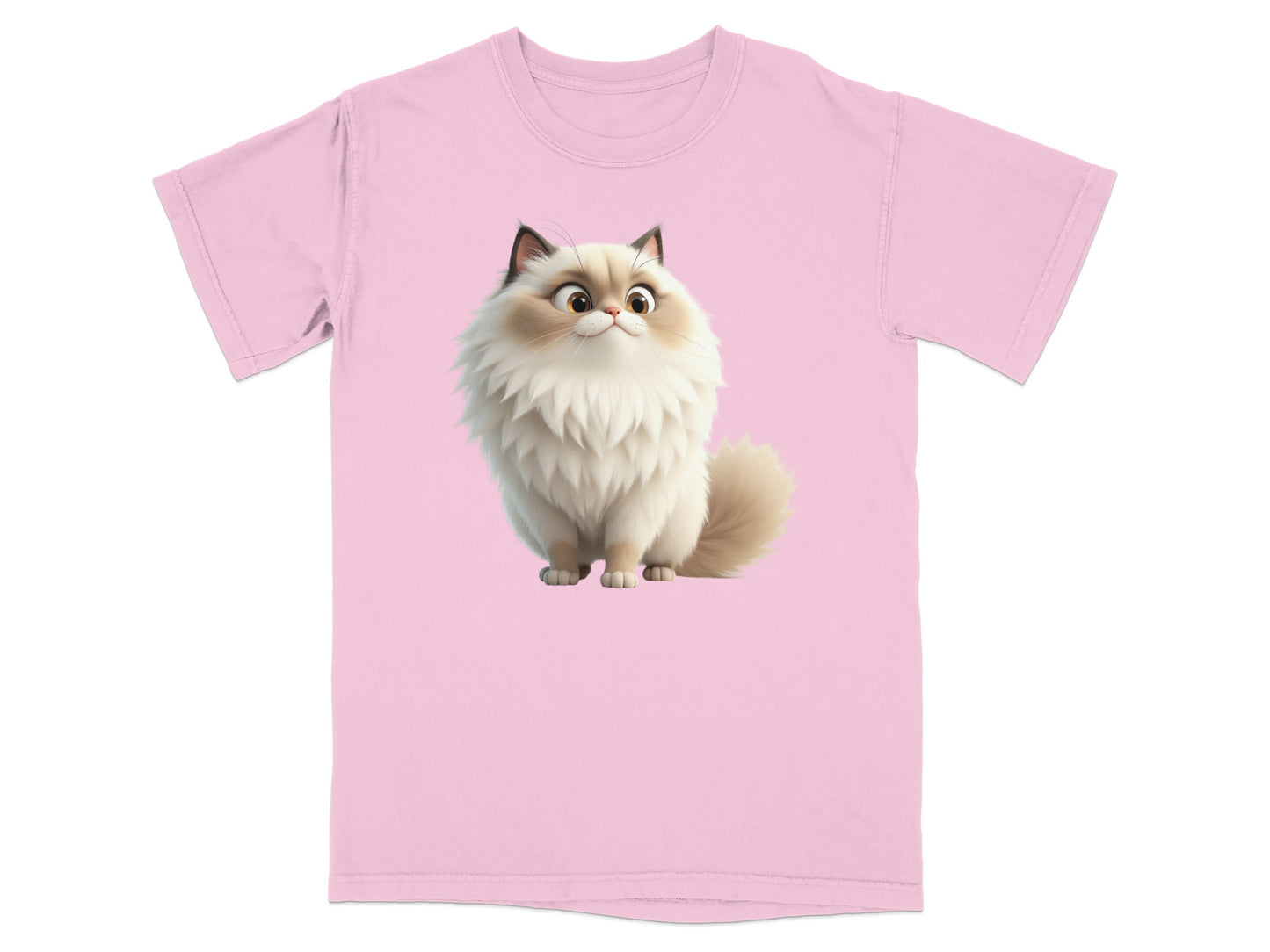 Pink t-shirt with cartoon fluffy cat graphic.