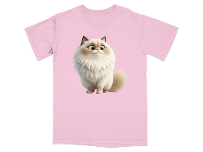 Pink t-shirt with cartoon fluffy cat graphic.