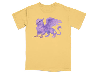Purple griffin illustration on a yellow t-shirt.