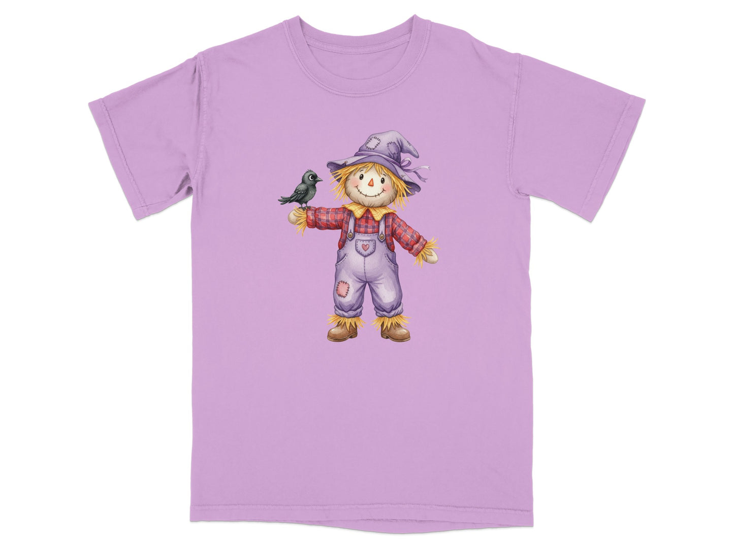 Scarecrow with a bird on its arm, wearing overalls and a hat.
