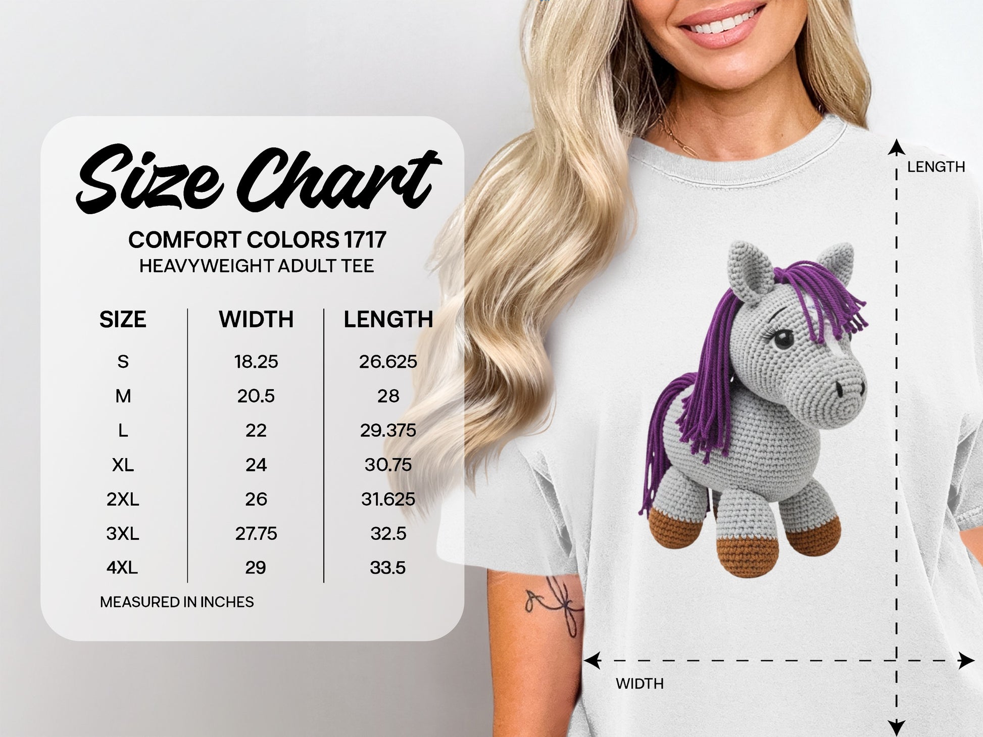 Comfort Colors 1717 heavyweight adult tee size chart with crochet horse graphic.
