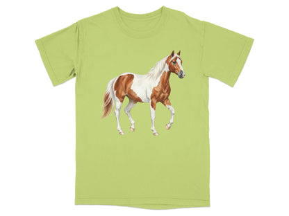 T-shirt with a brown and white pinto horse illustration.