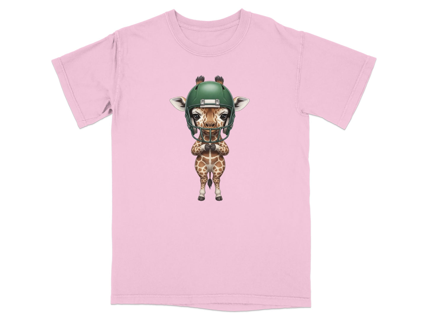 Giraffe in green football helmet standing on pink t-shirt.