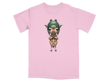 Giraffe in green football helmet standing on pink t-shirt.
